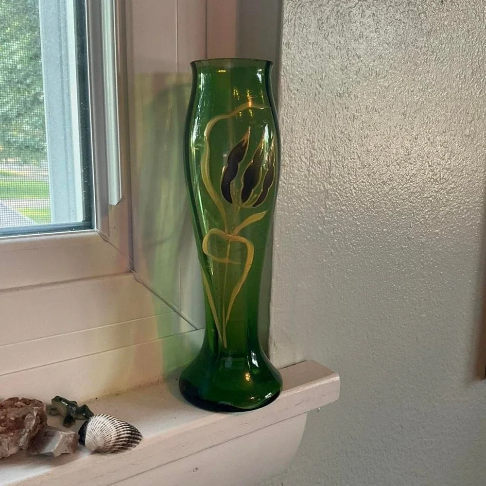Vintage Green 1970s Handpainted Bottle Vase Gold Design Upcycled Retro Fairy